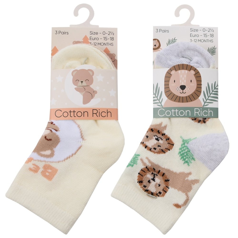 Baby 3 Pack Cotton Rich Animal Design Socks