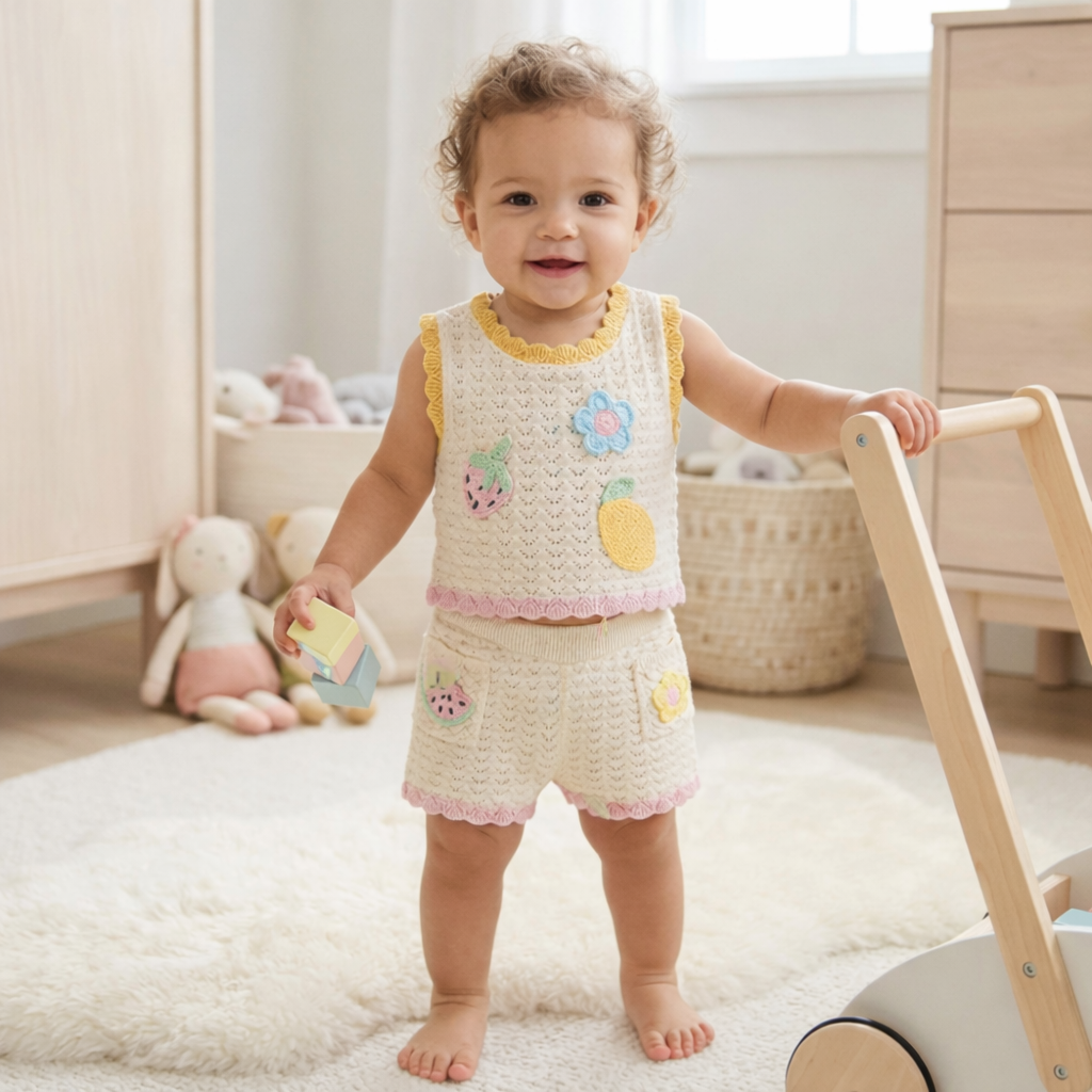 Baby girls fruit crochet applique true knit top & shorts outfit (9-24 months)