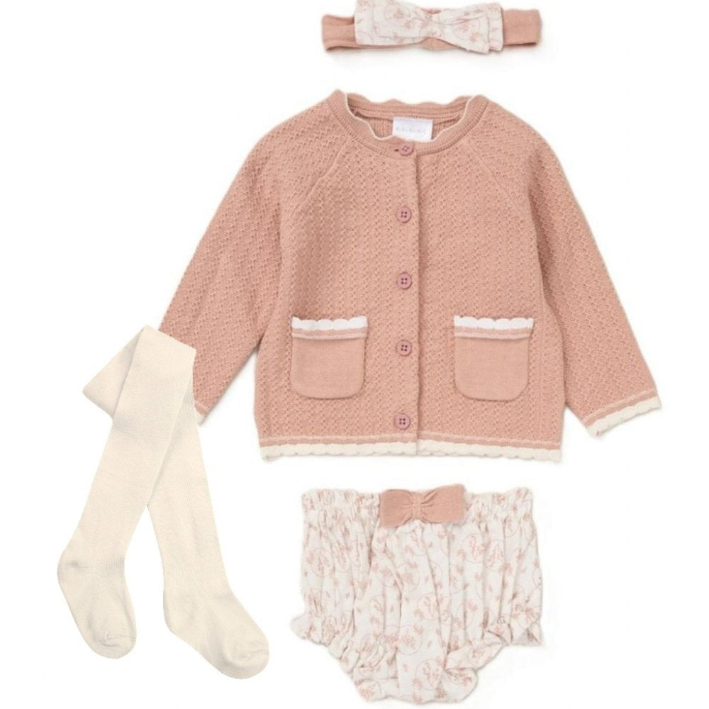 Baby Girls 4-Piece Cotton Outfit – Knitted Cardigan, Bloomers, Tights & Headband (0–12 Months)