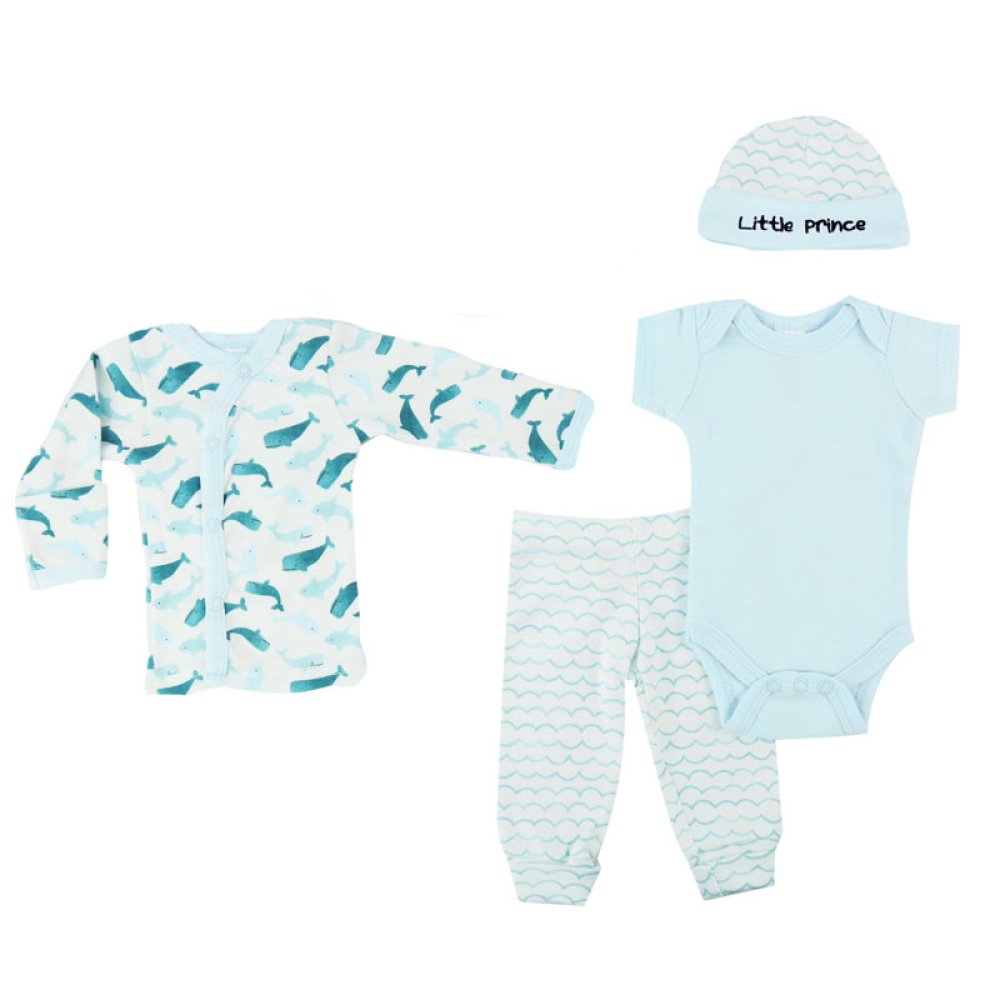 4 Piece Baby Boy Set – 100% Cotton Tiny Baby Outfit (Whale Print)