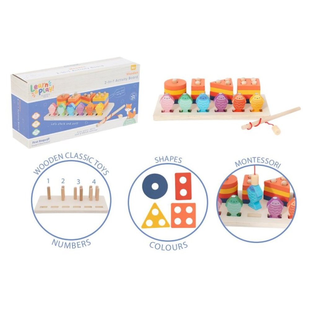 Wooden 2-in-1 Activity Board – Montessori Learning Toy with Shapes & Magnetic Fishing Game