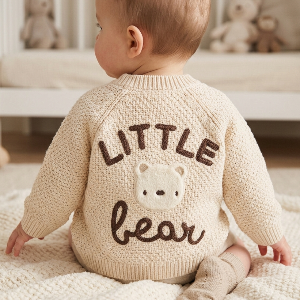 Baby cream cotton knit cardigan with embroidery detail – little bear (0-12 months)