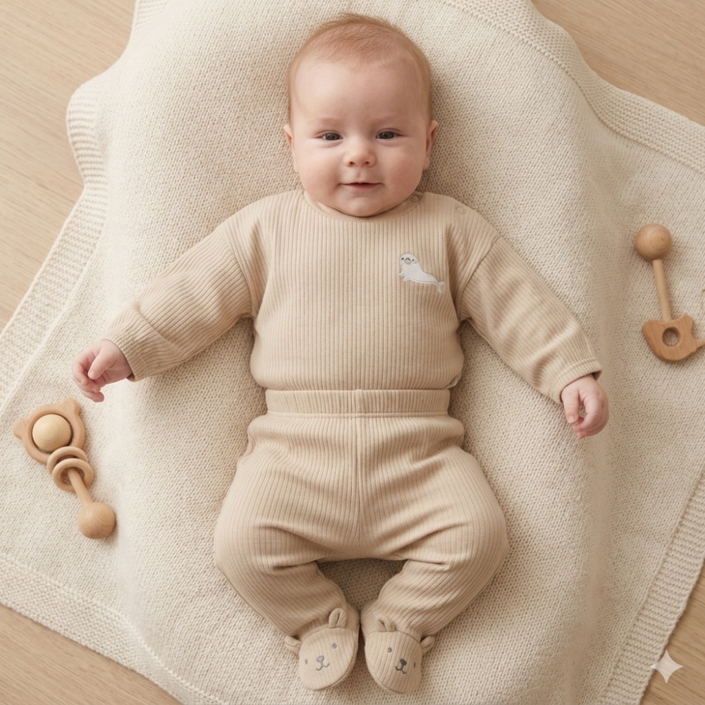 Unisex Baby Ribbed Cotton Outfit – Seal Top & Footed Pants